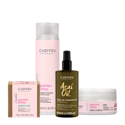 Kit Cadiveu Professional Essentials Quartzo Shine Shampoo em Barra Condicionador Máscara e Açaí Oil 60 (4 produtos) Produto: Kit Cadiveu Professional Essentials Quartzo Shine Shampoo em Barra Condicionador Máscara e Açaí Oil 60 (4 produtos)