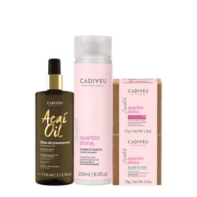 Kit Cadiveu Professional Essentials Quartzo Shine Shampoo em Barra Condicionador Máscara em Barra e Açaí Oil 110 (4 prod Produto: Kit Cadiveu Professional Essentials Quartzo Shine Shampoo em Barra Condicionador Máscara em Barra e Açaí Oil 110 (4 prod