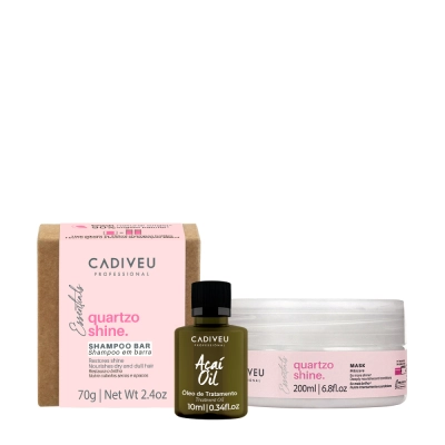 Kit Cadiveu Professional Essentials Quartzo Shine Shampoo em Barra Máscara e Açaí Oil (3 produtos) Produto: Kit Cadiveu Professional Essentials Quartzo Shine Shampoo em Barra Máscara e Açaí Oil (3 produtos)