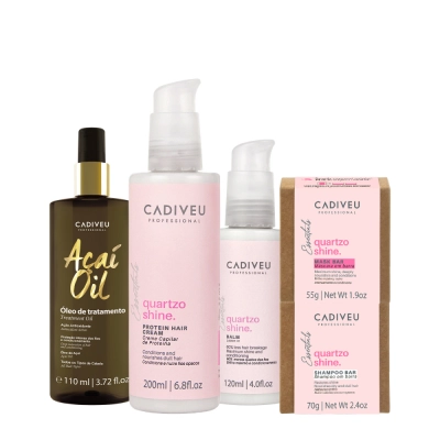 Kit Cadiveu Professional Essentials Quartzo Shine Shampoo Máscara em Barra Pré-Shampoo Leave-in e Açaí Oil 110 (5 produt Produto: Kit Cadiveu Professional Essentials Quartzo Shine Shampoo Máscara em Barra Pré-Shampoo Leave-in e Açaí Oil 110 (5 produt