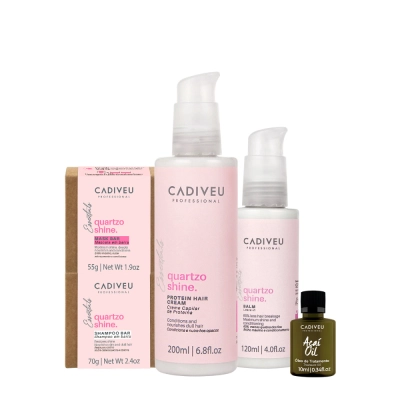 Kit Cadiveu Professional Essentials Quartzo Shine Shampoo Máscara em Barra Pré-Shampoo Leave-in e Açaí Oil (5 produtos) Produto: Kit Cadiveu Professional Essentials Quartzo Shine Shampoo Máscara em Barra Pré-Shampoo Leave-in e Açaí Oil (5 produtos)