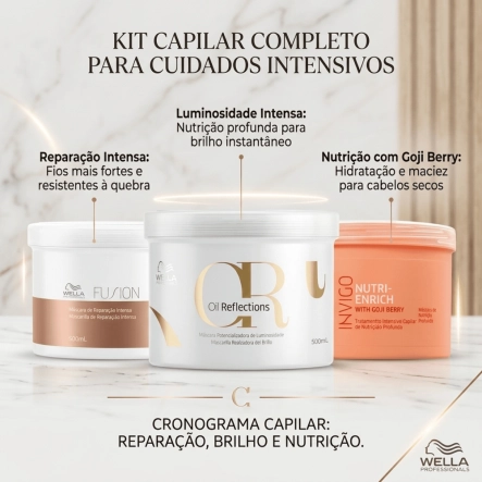 Produto: Kit Cronograma Capilar Wella Professionals Fusion, Oil Reflections e Invigo Nutri-Enrich 3 Máscaras 500g