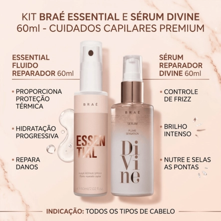 Kit Essential Fluido Reparador e Sérum Divine Braé 60ml Produto Kit Essential Fluido Reparador e Sérum Divine Braé 60ml