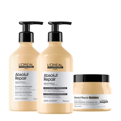Produto: Kit L'Oréal Professionnel Absolut Repair Gold Quinoa Protein Shampoo 750ml Condicionador 750ml Máscara 500g