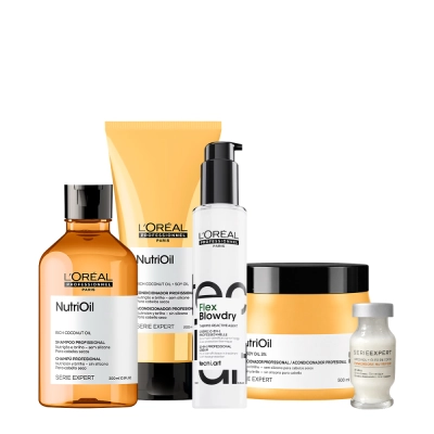 Produto: Kit L'Oréal Professionnel NutriOil Shampoo Condicionador Máscara e Blow Dry Fluidifier Leave-In e Ampola (5 produtos)
