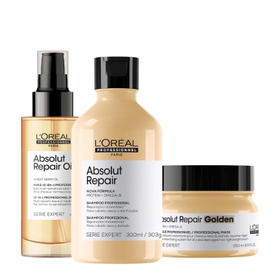 Produto: Kit L'Oréal Professionnel Serie Expert Absolut Repair Gold Quinoa Protein Shampoo 300ml + Máscara Golden 250ml + Óleo 90