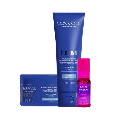 Kit Lowell It Blond Liso Mágico Shampoo Máscara Oil (3produtos) Produto: Kit Lowell It Blond Liso Mágico Shampoo Máscara Oil (3produtos)
