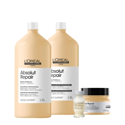 Produto: Kit Absolut Repair L'Oréal Professionnel Shampoo e Condicionador 1,5L Máscara 250g e Ampola 10ml
