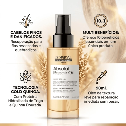 Produto: Óleo Reparador 10 em 1 Absolut Repair Gold Quinoa L'Oréal Professionnel 90ml