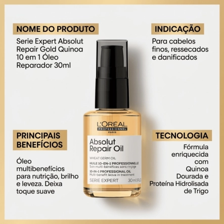 Óleo Reparador Absolut Repair Gold Quinoa 10 em 1 L'Oréal Professionnel Serie Expert 30ml Produto Óleo Reparador Absolut Repair Gold Quinoa 10 em 1 L'Oréal Professionnel Serie Expert 30ml